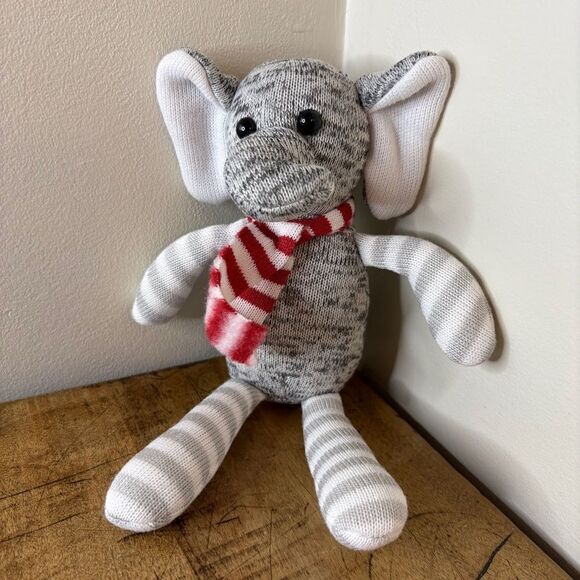 Gray & White Striped Sock Elephant Plush Toy Red White Scarf 9" Good Used Condit - Picture 2 of 6